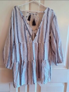 Blue Island Linen Blend Swim cover-up/Beach dress/Summer mini/Boho dress Large